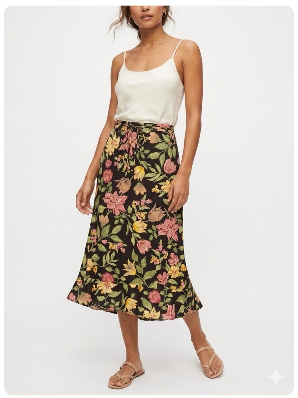 Vintage Gap Black Green Pink Floral Midi Skirt Curved A-line Hem Sz 8 - 565